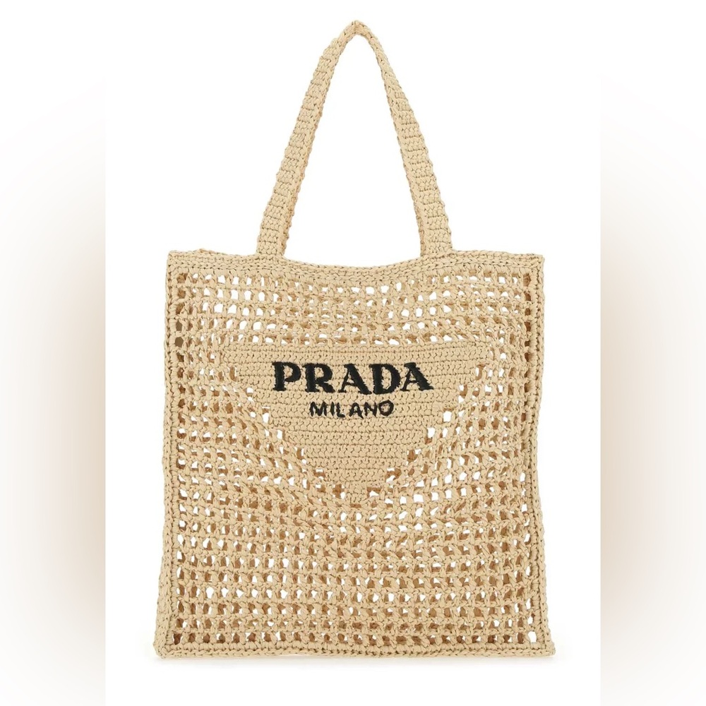 New Prada Logo Embroidered Crochet Raffia Tote